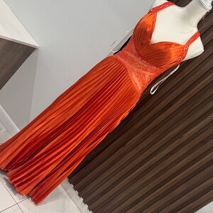 Fiesta Orange Pleated Maxi Dress with Beaded Waist